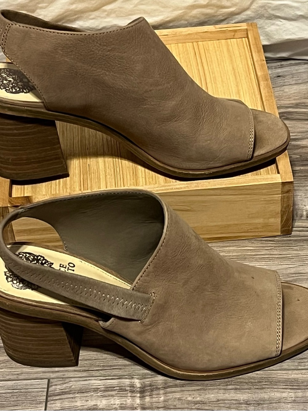 Vince Camuto Taupe Open-Toe Slingback Block Heel Mules